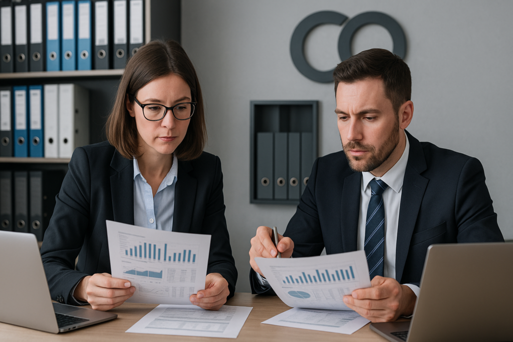 Zespół księgowych pracujący nad dokumentami spółki z o.o. w nowoczesnym biurze rachunkowym