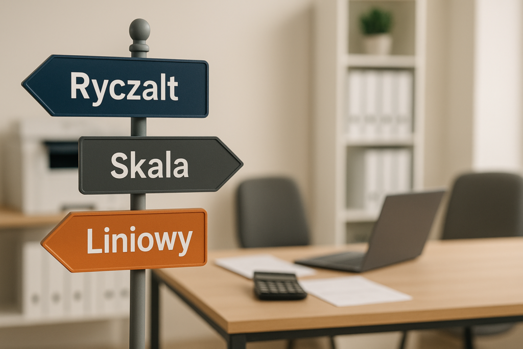 Drogowskaz z napisami ryczałt, skala podatkowa i podatek liniowy przed biurem księgowej