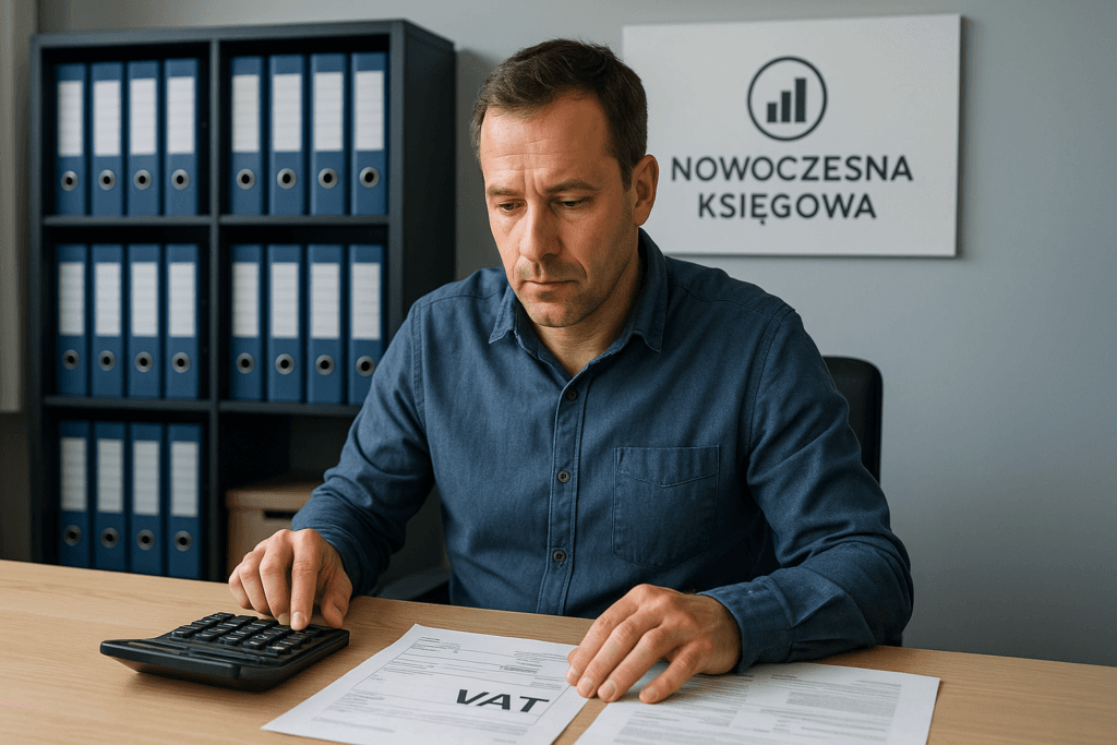Właściciel małej firmy analizujący dokumenty VAT przy biurku