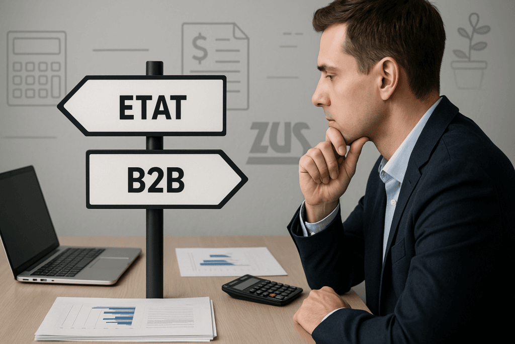Osoba porównująca etat i B2B przy analizie podatków, ZUS i kosztów działalności